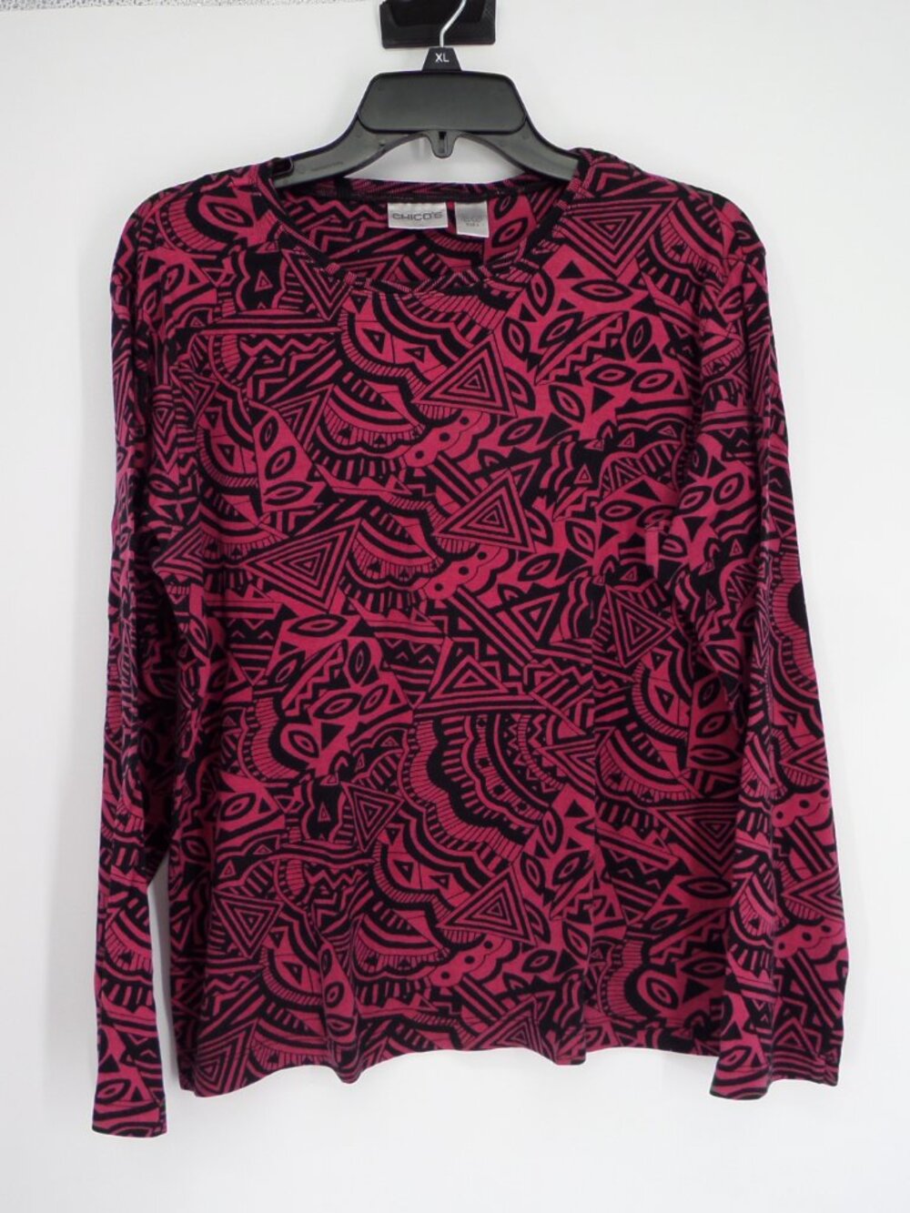Chico's  Women's Long Sleeve Burgundy n Black Print Top  Size 3 US XL